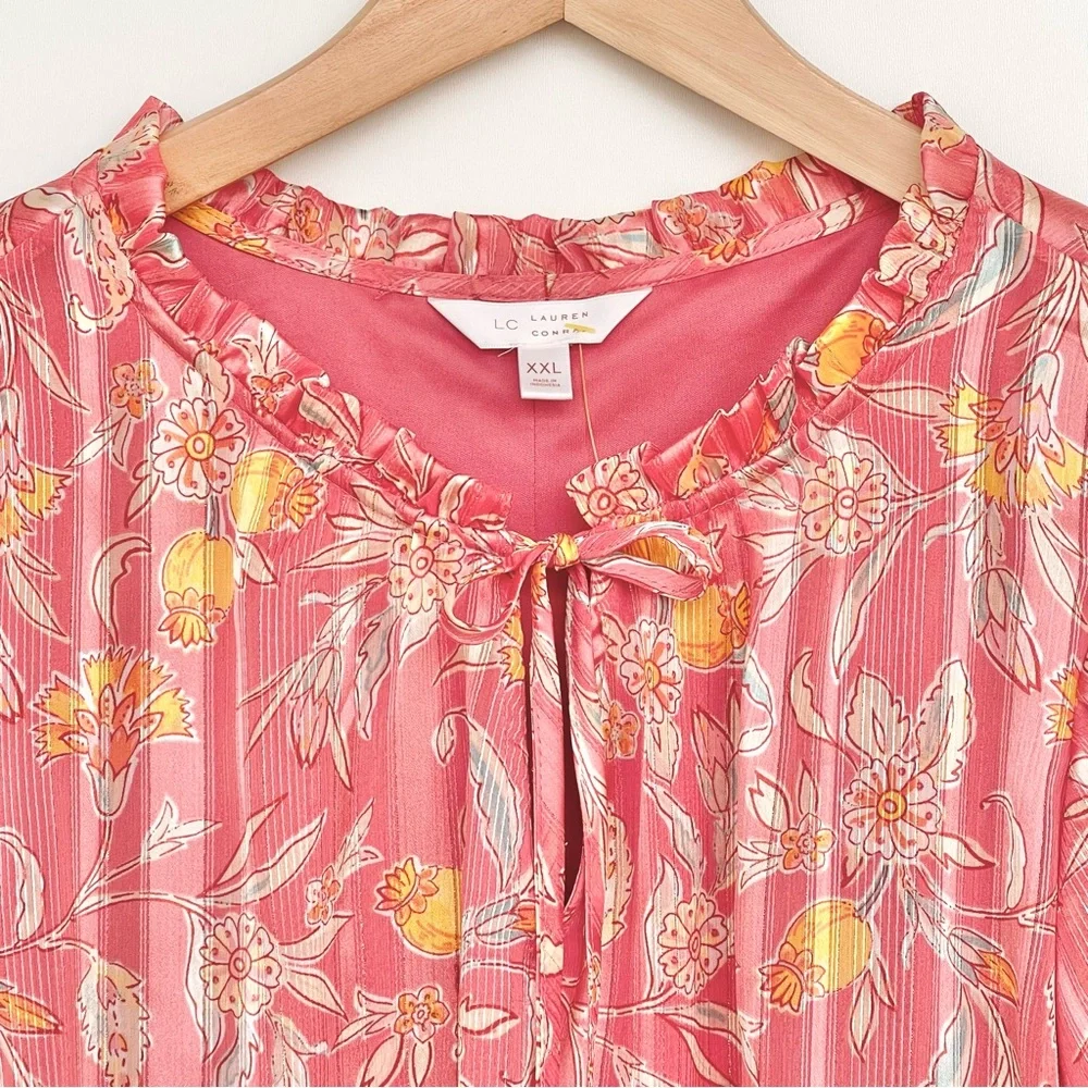 LC LAUREN CONRAD Chiffon Bohemian Blouse 3/4 Ruffle Sleeve Split Neck with Tie - Picture 3 of 12